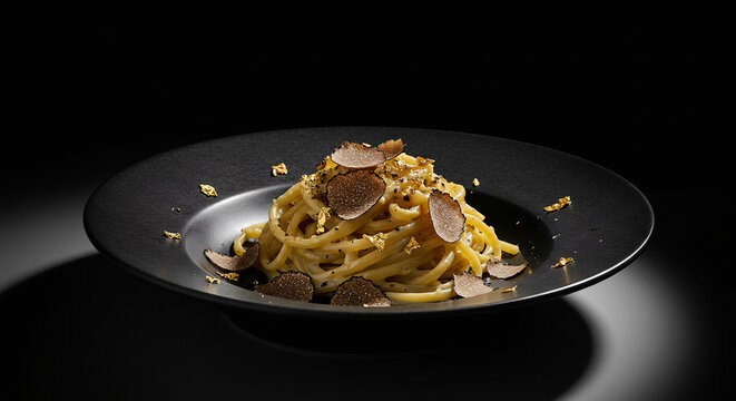 Luxury Black Plate of Truffle Pasta Garnished with Edible Gold on Black and White Background Split