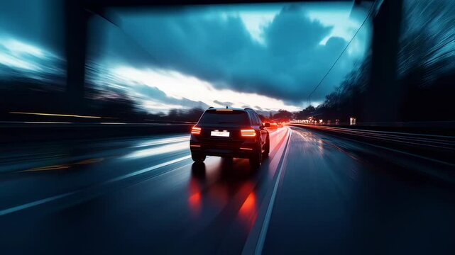 Dynamic automotive motion: Black SUV driving on wet highway at dusk with motion blur