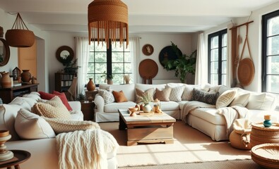 A bohemian haven awaits in this living room's embrace A plush white sofa adorned with textured cushions and cozy blankets beckons relaxation A weathered wooden coffee table adorned with eclectic 
