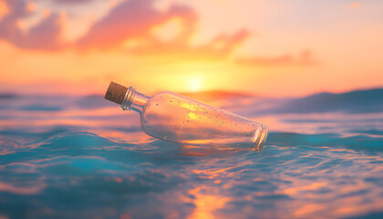 Empty glass bottle floats in ocean waves at sunset. Corked transparent bottle in sea water. Idea of message, lost at sea, castaway concept. Romantic vacation, travel to tropical island at blue ocean