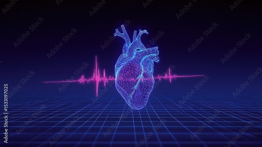 Poster futuristic heart monitoring visual with pulsating peaks and grid lines