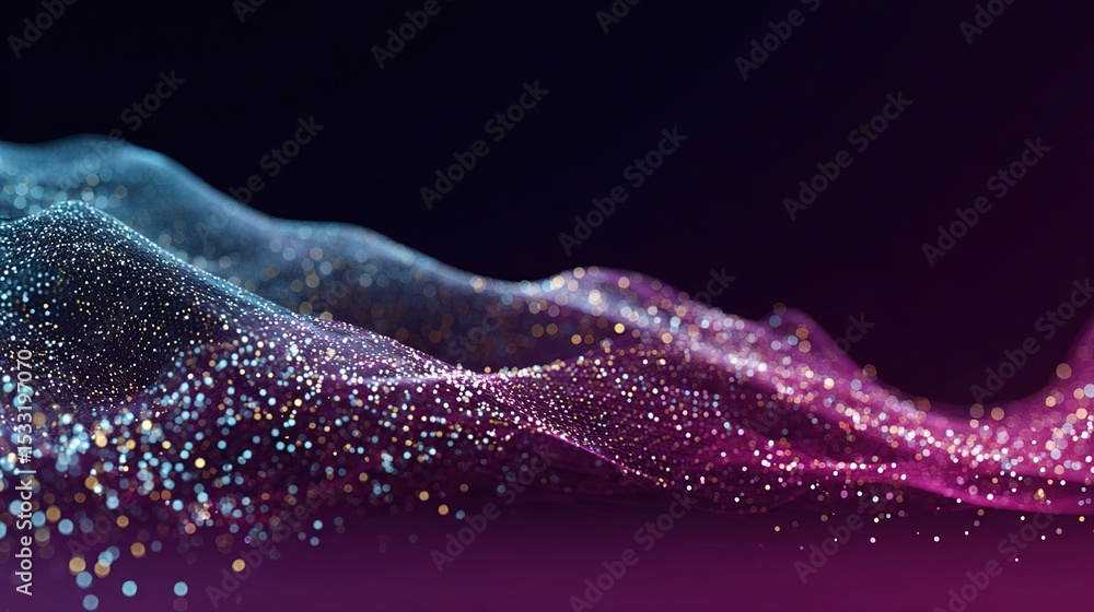 Poster abstract background with floating tech particles and colorful waves