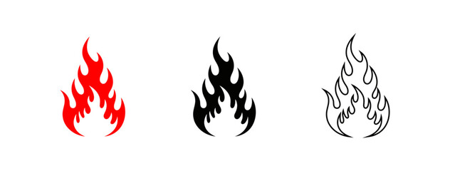 Flaming Trio: Red, Black, and Outlined Fire Images Against White Background