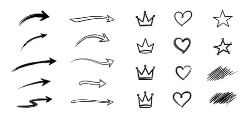 Assorted Hand Drawn Vector Icons with Arrows, Crowns, Hearts, Stars, and Lines