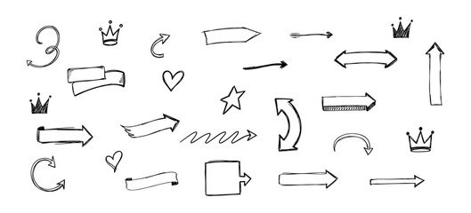 Hand-Drawn Arrows, Crowns, Heart, and Stars Sketch Set on White Background