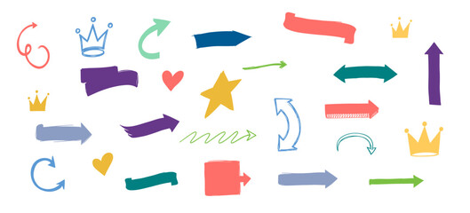 Collection of Sketchy Arrows, Hearts, Crowns and Banners in Varied Shapes and Colors Isolated on White