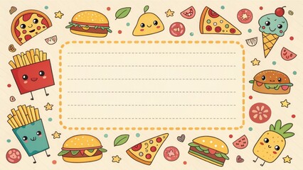 Cartoon pizza, burger, fries pattern frame, fun style.