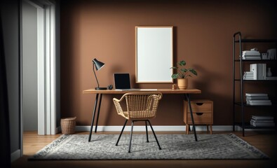 Fototapeta premium A minimalist yet inviting home office featuring a mock up poster frame a sleek wooden desk adorned with a rattan chair and a patterned rug A touch of nature is present with a leafy plant adding wa