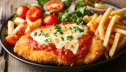Delicious chicken parmesan with fries and salad. Crispy breaded chicken cutlets topped with melted cheese and rich tomato sauce. Side of golden french fries and fresh salad