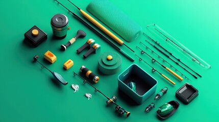 Fishing gear assortment on a teal background