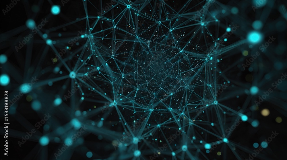 Poster abstract radial lattice design with glowing points in dark background