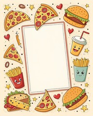 Cartoon pizza, burger, fries pattern frame, fun style.