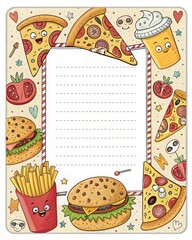 Cartoon pizza, burger, fries pattern frame, fun style.