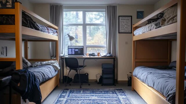 Cozy college dorm room with bunk beds desk and laptop in a shared living space