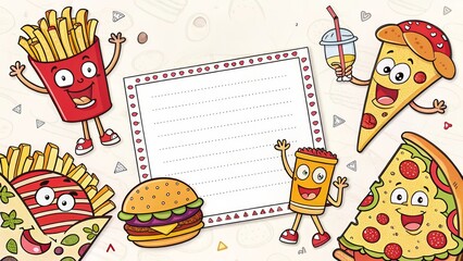 Cartoon pizza, burger, fries pattern frame, fun style.