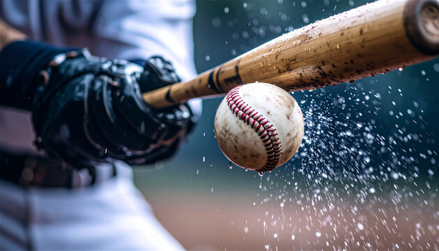 Baseball player hitting wet ball with bat and water splashes

