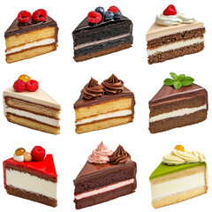 Various flavors of cake slices set isolated on white background. Different cakes collection set. Many flavors of cake desserts set.