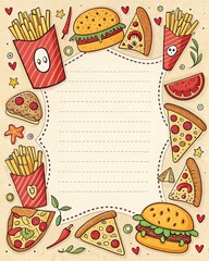 Cartoon pizza, burger, fries pattern frame, fun style.
