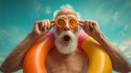 Elderly man in colorful swim rings with surprised expression under blue sky