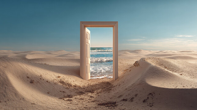 Doorway in desert opening to ocean under clear blue sky symbolizing escape