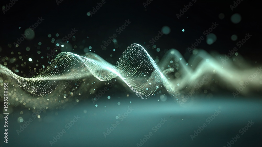 Poster smooth musical waveform with floating particles in dark background