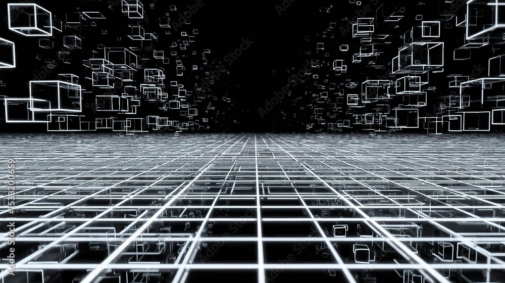Poster seamless 3d digital grid loop with floating lines and cubes