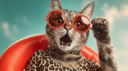 Surprised tabby cat in sunglasses and leopard print coat against blue sky