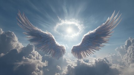 Obraz premium Majestic angel wings spread in a radiant sky above the clouds, divine inspiration