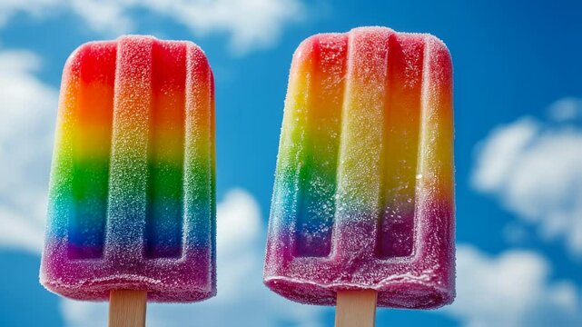 Refreshing rainbow popsicle treat against a blue sky with fluffy clouds stock video
