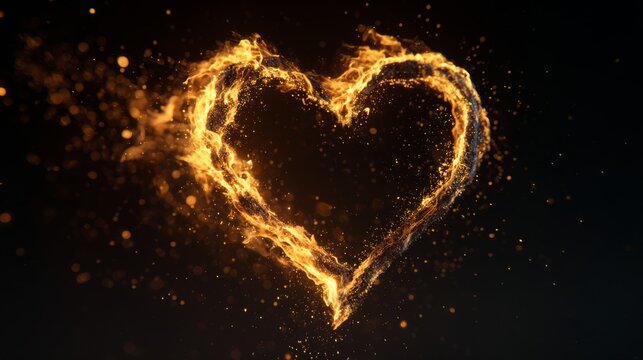 Heart made of vibrant orange fire sparks on a dark background, digital art