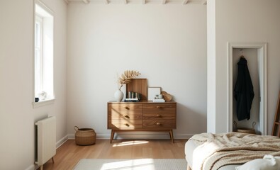 A minimalist haven of white walls and natural wood a Scandinavian home interior exudes tranquility and warmth A design wooden commode a dried leaf vase books a table lamp and personal accessorie