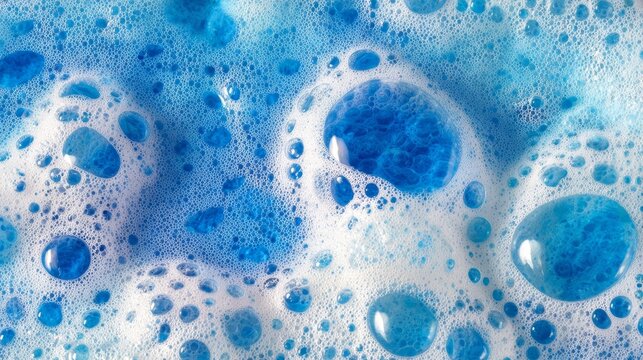 Close-up of blue soapy bubbles texture with light reflections, abstract cleaning concept