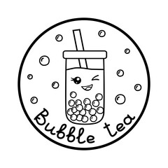 Kawaii winking bubble tea with boba tapioca pearls in a circle frame, outline for coloring book