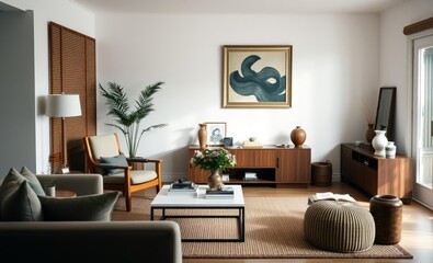 A meticulously designed living room where a plush wooden armchair and a sleek coffee table sat amidst a symphony of elegant furniture rattan accents and personalized accessories A pristine white w