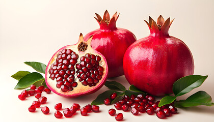 Fresh pomegranate with leaves. Whole fruit, sliced, scattered seeds. Juicy, healthy food. Vegan diet. Vitamin-rich. Natural organic product