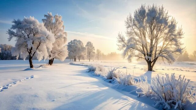 Serene winter landscape featuring snow-covered trees, expansive white field, and gentle sky, creating a peaceful and idyllic scene with soft light.