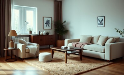 A minimalist haven in a stylish home characterized by a velvet sofa a plush carpet a rich brown wooden coffee table a cozy reading corner and personal accessories that whisper stories of the home