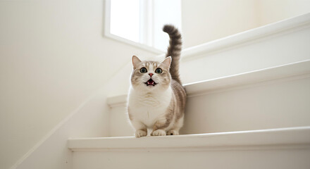 a Scottish Fold cat while smiling walking on the cleawalking on white stairs