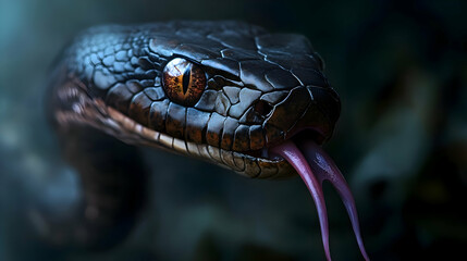 Close-up of Black Snake Head with Tongue Out