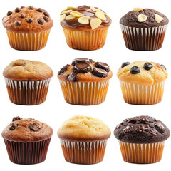 Delicious various cup cakes set isolated on white background. Collection of different flavors of muffins, collection set. closeup of cup cakes.
