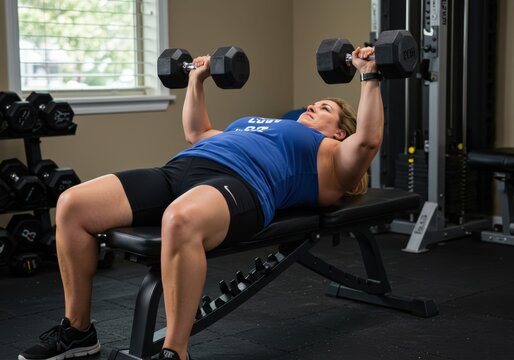 Woman doing dumbbell chest press on a bench for her workout at the gym.