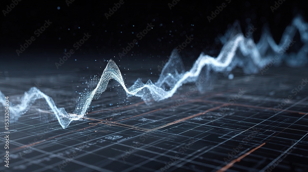 Poster ethereal transparent line graph floating above digital grid