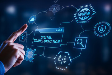 Naklejka premium Digital Transformation Concept with Hand Interacting on Virtual Screen