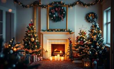 Fototapeta premium A warm and inviting Christmas composition unfolds featuring a gold-framed mock poster frame a cozy white chimney and festive decorations like twinkling Christmas trees and wreaths flickering candl