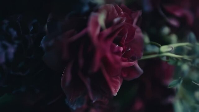 Romantic dark toned close up of rose flower blooming with soft dreamy bokeh background