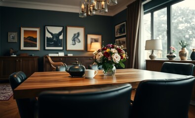 Fototapeta premium A meticulously crafted dining room interior featuring a sleek wooden family table adorned with plush black leather chairs a vintage teapot and mug nestled beside a bouquet of vibrant flowers and a 