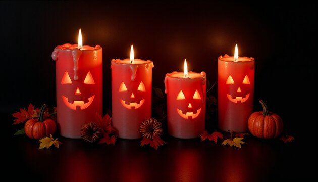 Halloween candles with jack-o'-lantern faces glowing on a dark background  