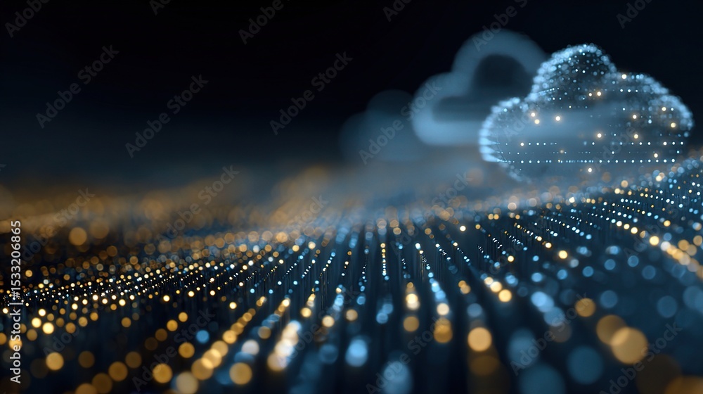 Poster digital hologram and cloud computing icons with flowing data