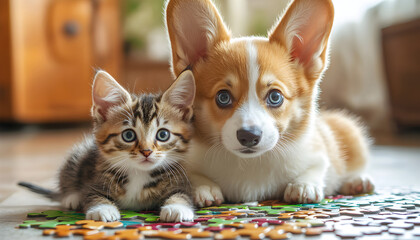 Corgi puppy and Munchkin kitten play together solving puzzle toy. Friendship, bonding, teamwork shown. Domestic animals at home, cute pets interaction during playtime