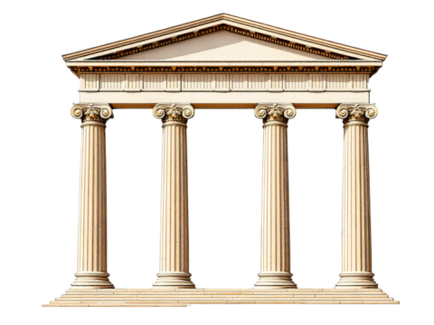 Illustration of a classical temple facade with four ionic columns against black background
